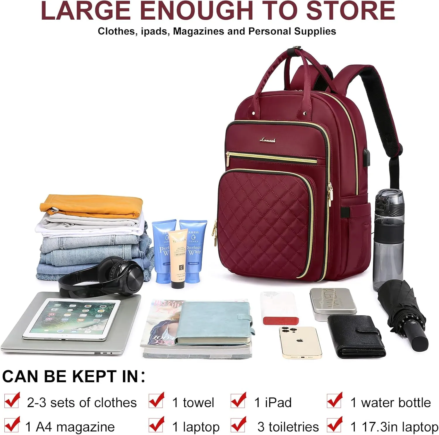 LOVEVOOK Laptop Backpack for Women, Water Resistant Travel Work Backpacks Purse Stylish College Business Teacher Nurse Computer Bag with USB Charging Port, Fits 17" Laptop