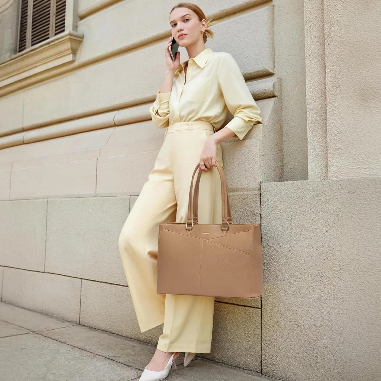 LOVEVOOK Laptop Bag for Women, 15.6 inch Laptop Tote Work Teacher Bags Cancas Computer Shoulder Bag,Apricot