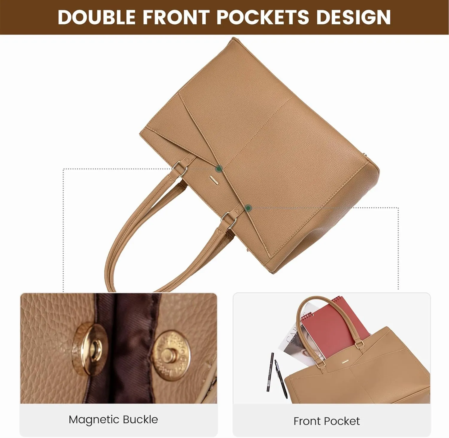 LOVEVOOK Laptop Bag for Women, 15.6 inch Laptop Tote Work Teacher Bags Cancas Computer Shoulder Bag,Apricot