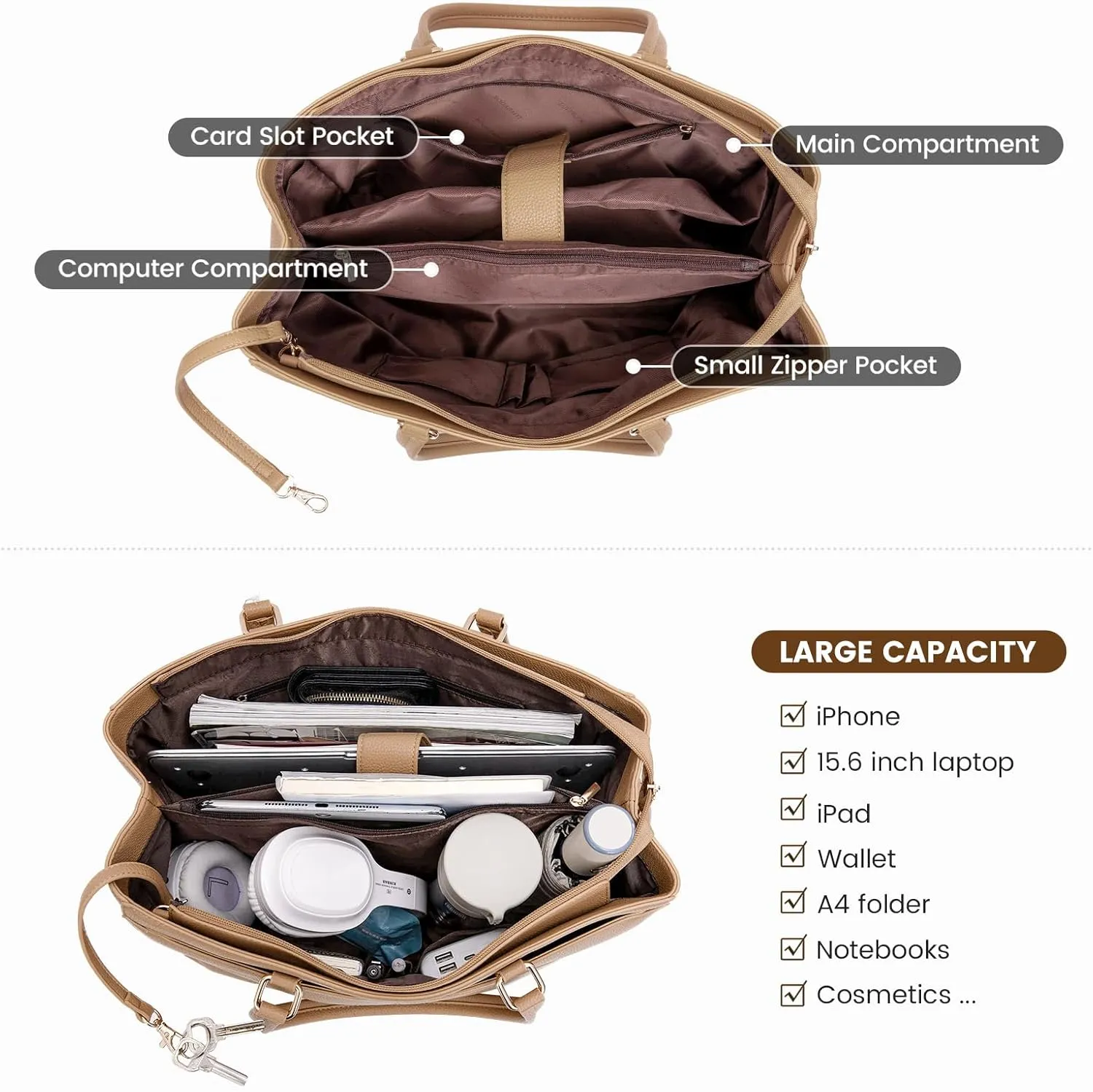 LOVEVOOK Laptop Bag for Women, 15.6 inch Laptop Tote Work Teacher Bags Cancas Computer Shoulder Bag,Apricot