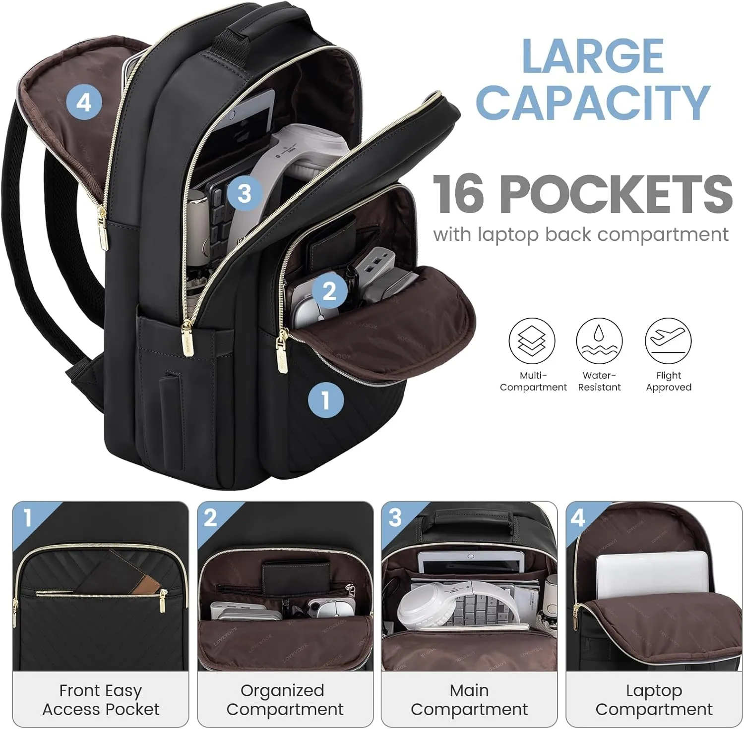 LOVEVOOK Leather Backpacks for Women,17.3 inch Leather Laptop Backpack Women Computer Backpack Laptop Bag,Stylish Quilted Travel Backpack Purse Work Bag College Teacher Backpacks with USB Port,Black