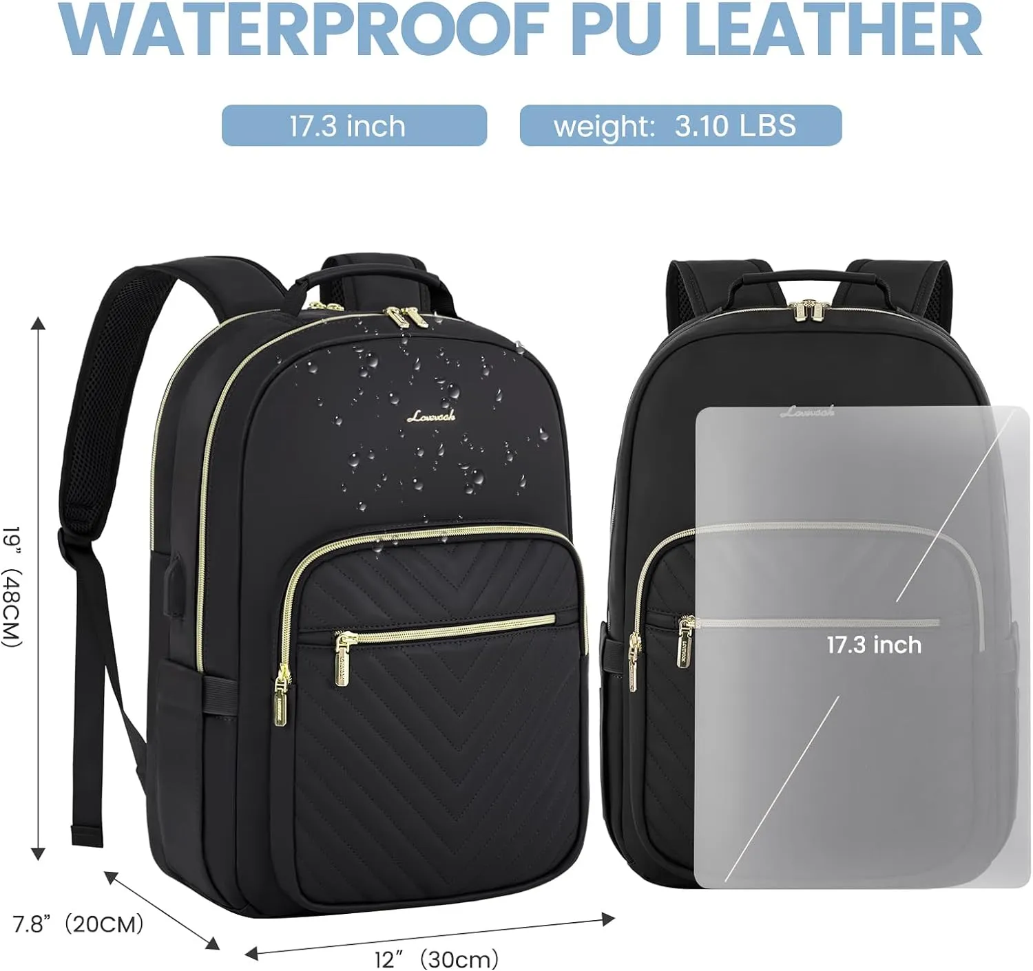 LOVEVOOK Leather Backpacks for Women,17.3 inch Leather Laptop Backpack Women Computer Backpack Laptop Bag,Stylish Quilted Travel Backpack Purse Work Bag College Teacher Backpacks with USB Port,Black