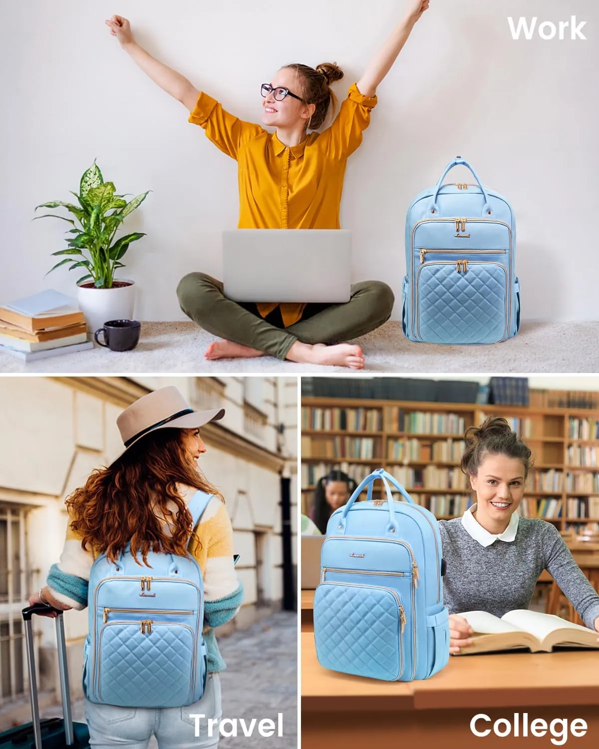LOVEVOOK Women's Angel Blue Laptop Backpack, 16.9 x 12 x 7.9 in, 1.73 lbs, 27-Liter Capacity, 4 Compartments, 18 Pockets, USB Charging