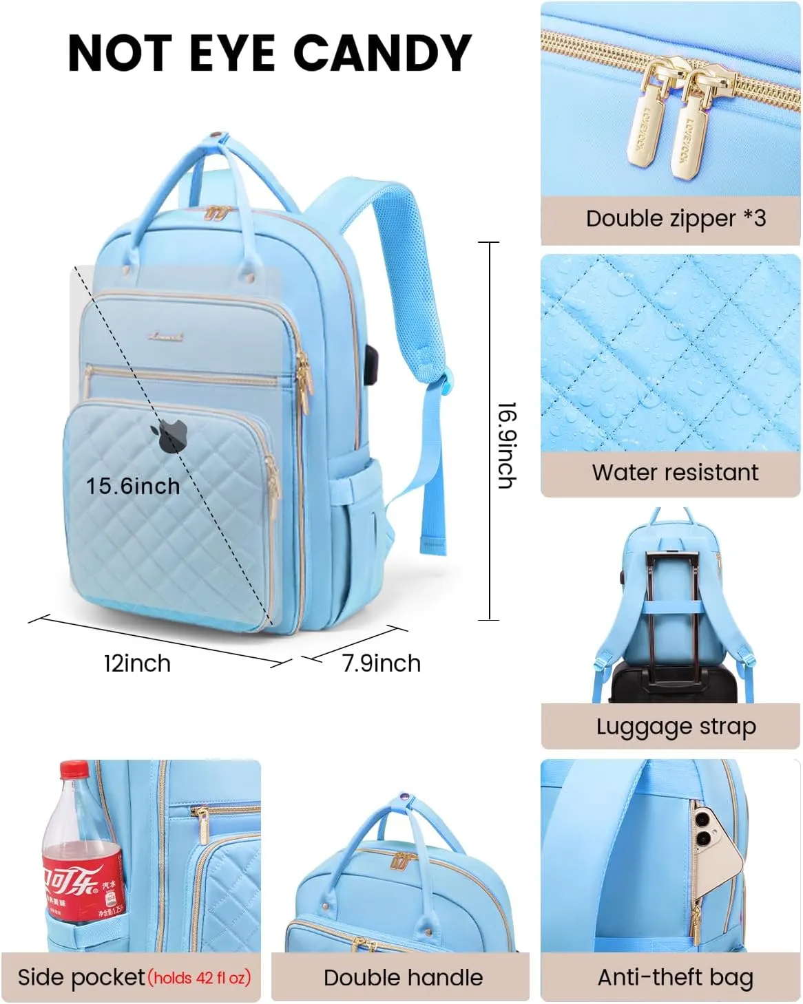 LOVEVOOK Women's Angel Blue Laptop Backpack, 16.9 x 12 x 7.9 in, 1.73 lbs, 27-Liter Capacity, 4 Compartments, 18 Pockets, USB Charging