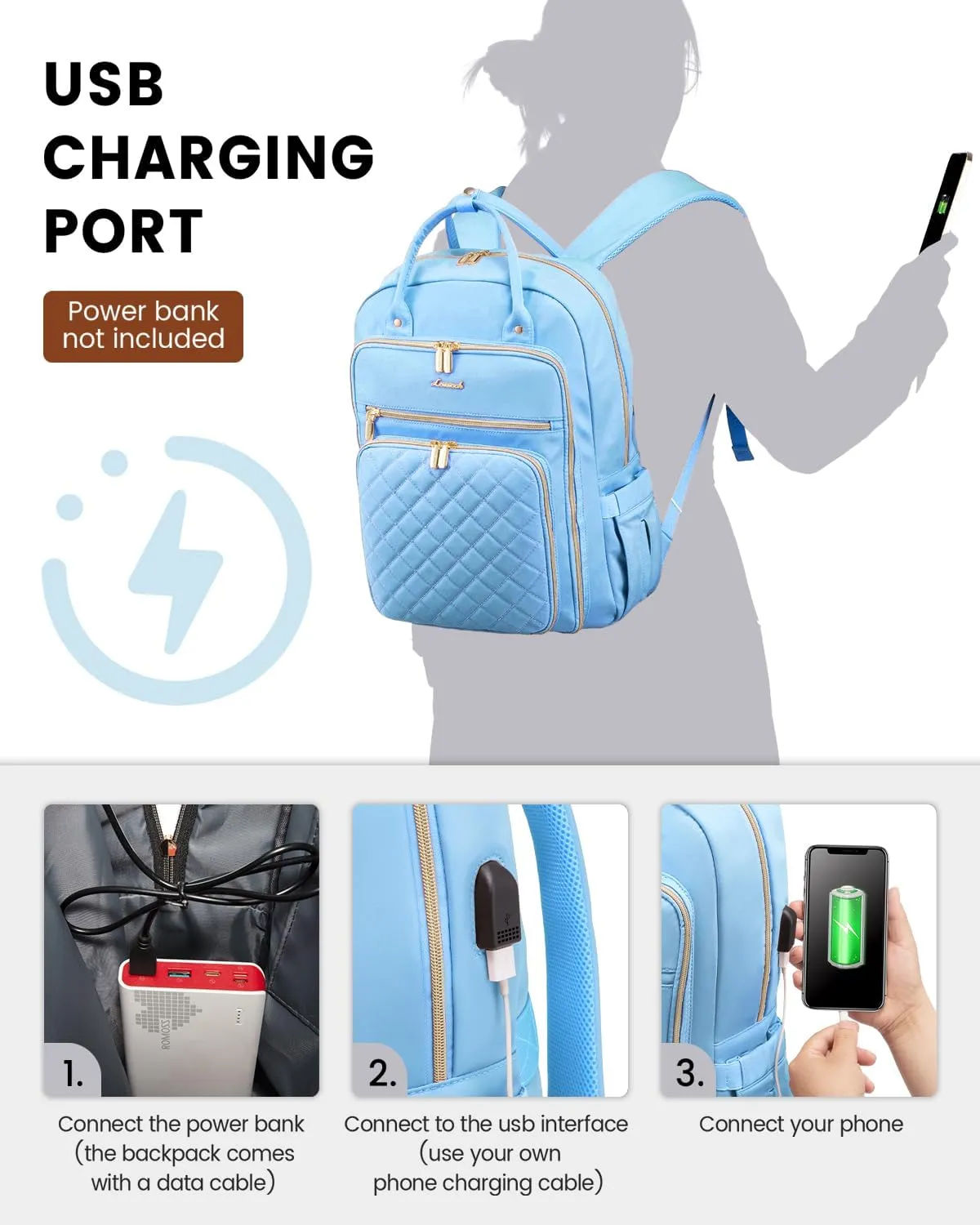 LOVEVOOK Women's Angel Blue Laptop Backpack, 16.9 x 12 x 7.9 in, 1.73 lbs, 27-Liter Capacity, 4 Compartments, 18 Pockets, USB Charging