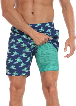 LRD Mens Swim Trunks with Compression Liner 7 inch Inseam Quick Dry Swim Shorts
