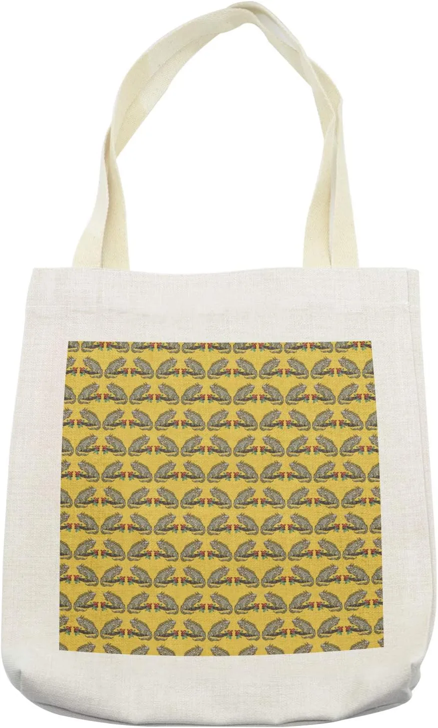Lunarable Iguana Tote Bag, Repetition of Ornamental Lizard on Branch with Flower, Cloth Linen Reusable Bag for Shopping Books Beach and More, 16.5" X 14", Cream