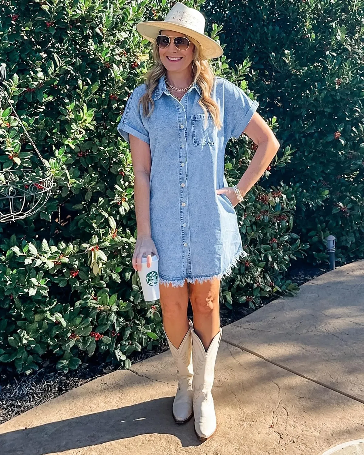 luvamia Denim Dress for Women Button Down Short Sleeves Casual Summer Jean Shirt Dresses with Pockets Frayed Hem