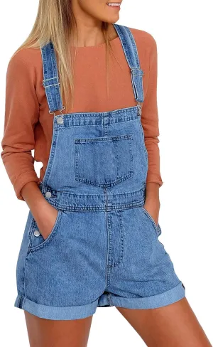luvamia Women's Casual Adjustable Strap Cuffed Hem Denim Bib Overalls Shorts Romper