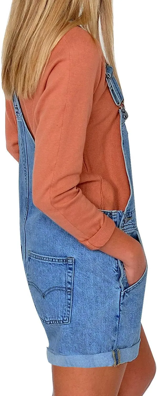 luvamia Women's Casual Adjustable Strap Cuffed Hem Denim Bib Overalls Shorts Romper