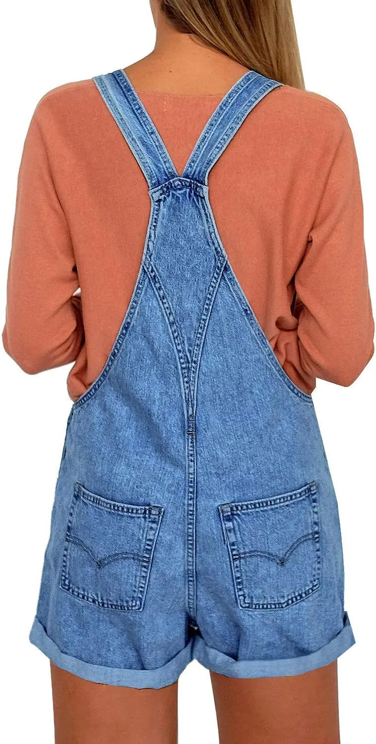 luvamia Women's Casual Adjustable Strap Cuffed Hem Denim Bib Overalls Shorts Romper