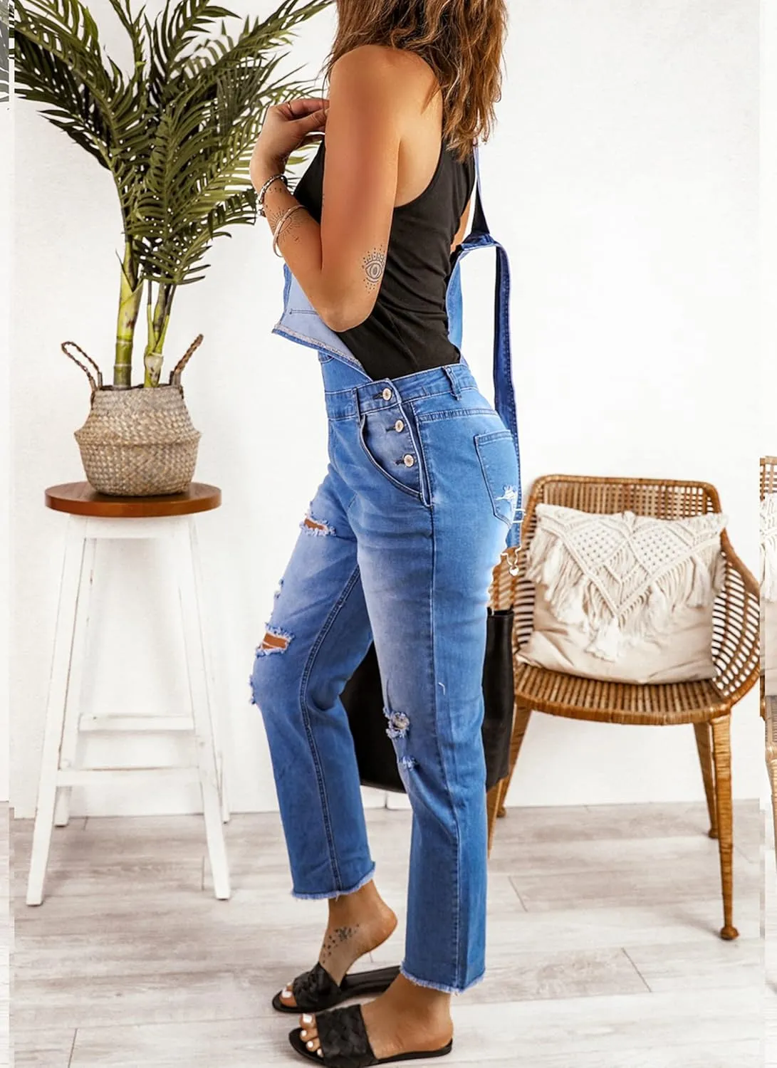 luvamia Women's Casual Stretch Adjustable Denim Bib Overalls Jeans Pants Jumpsuits