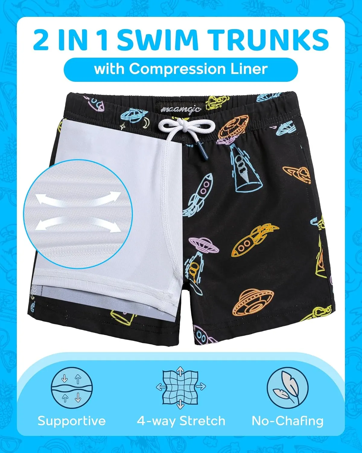 maamgic Boys Swim Trunks with Compression Liner 4-Way Stretch Quick Dry Bathing Suit Toddler Beach Shorts