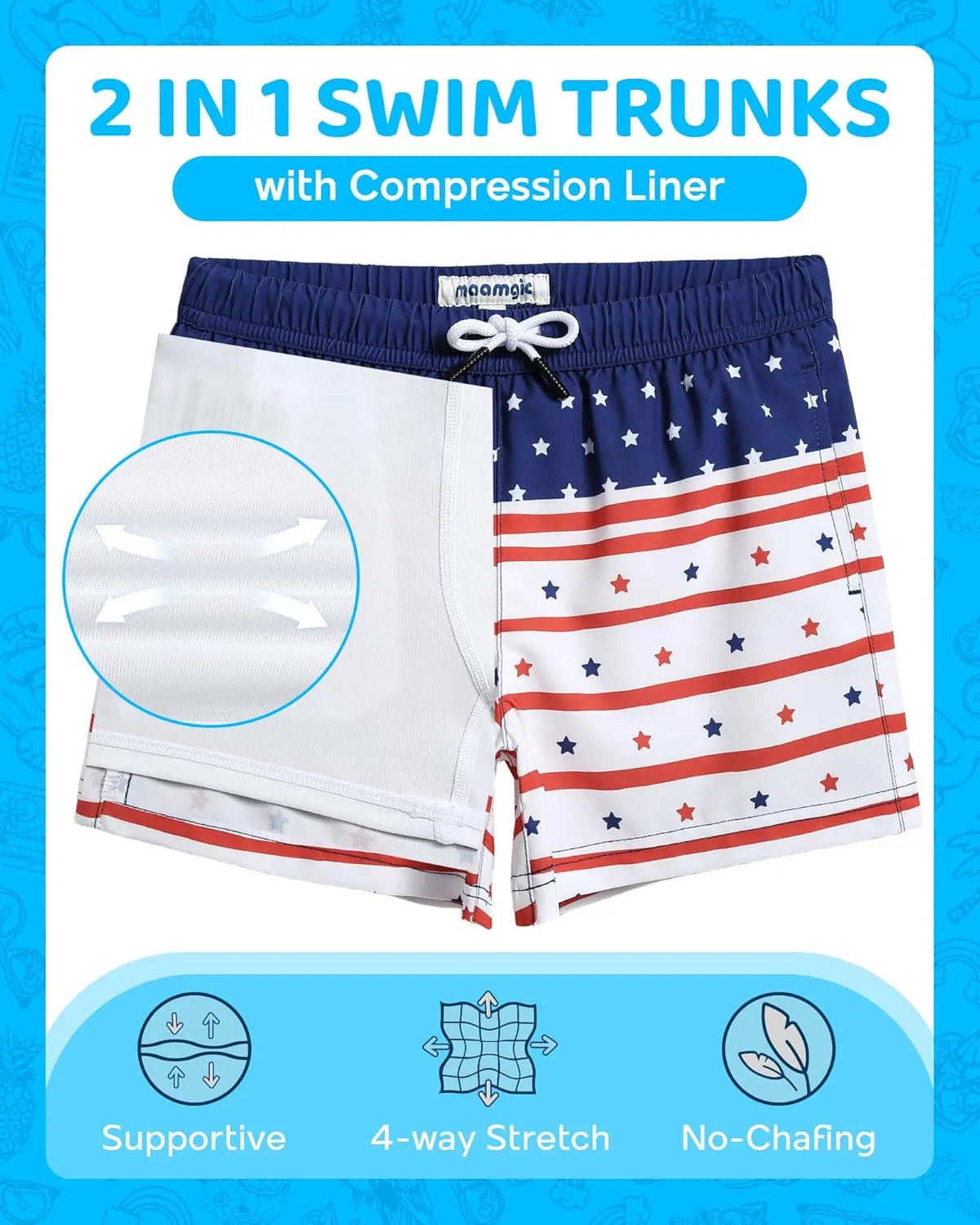 maamgic Boys Swim Trunks with Compression Liner 4-Way Stretch Quick Dry Bathing Suit Toddler Beach Shorts