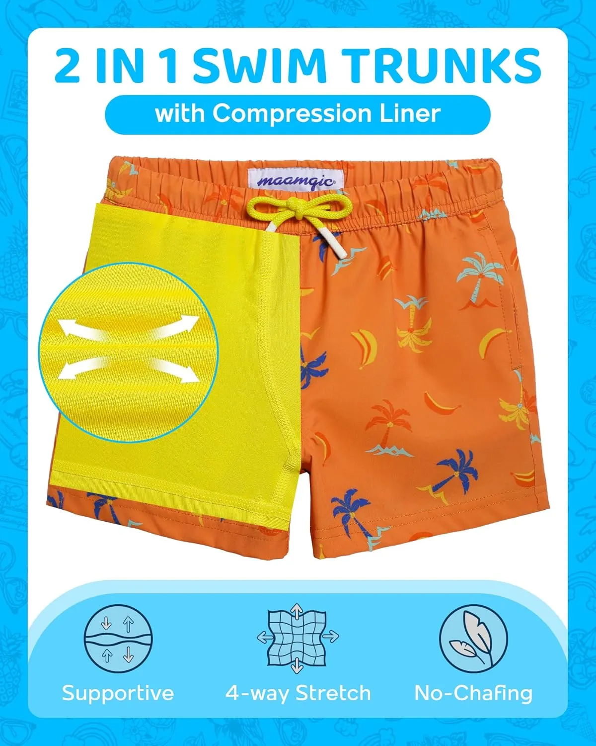 maamgic Boys Swim Trunks with Compression Liner 4-Way Stretch Quick Dry Bathing Suit Toddler Beach Shorts