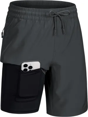 MAGCOMSEN Men's Swim Trunks with Compression Liner 9" Quick Dry Beach Shorts with Zipper Pockets