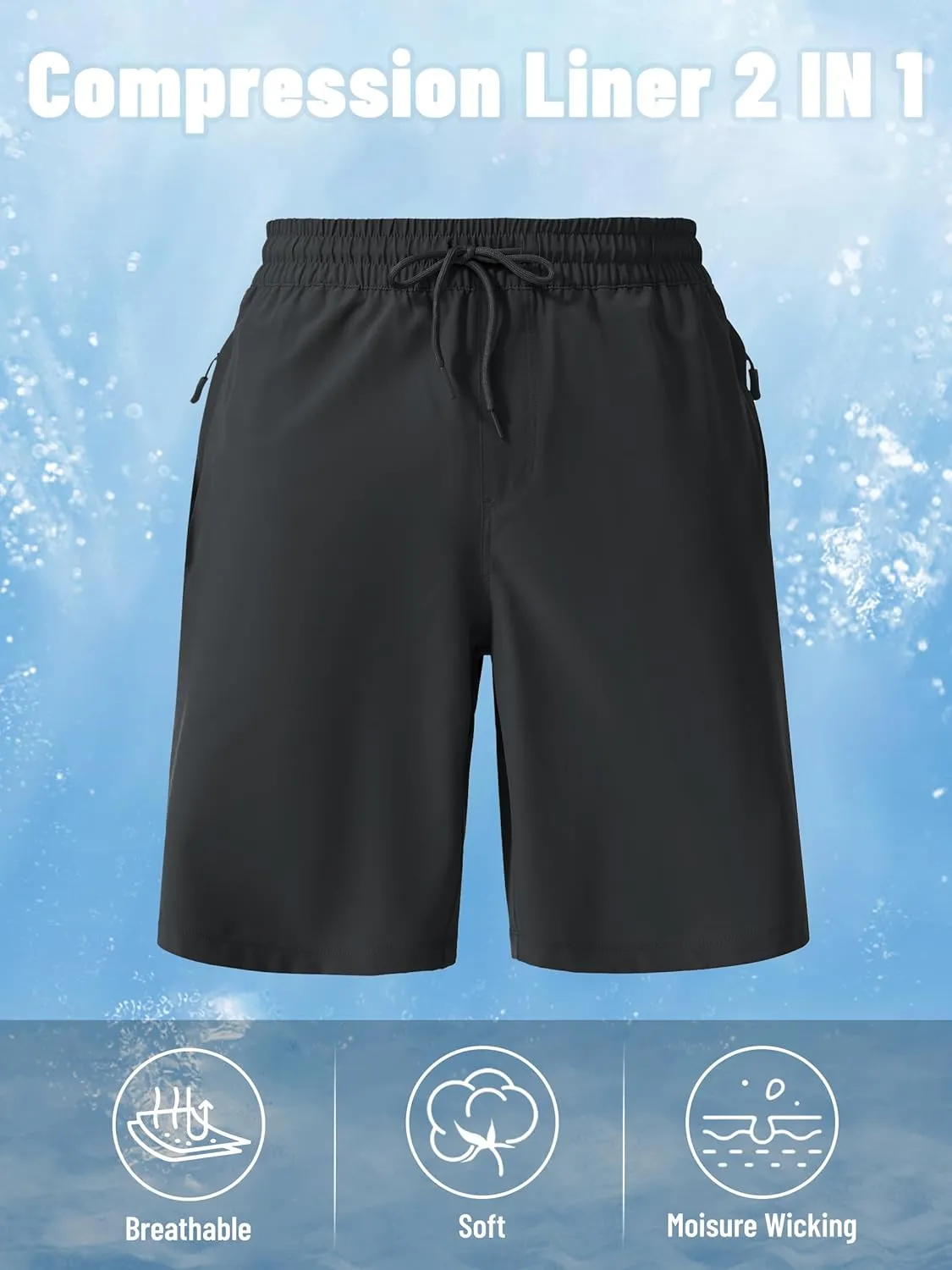 MAGCOMSEN Men's Swim Trunks with Compression Liner 9" Quick Dry Beach Shorts with Zipper Pockets