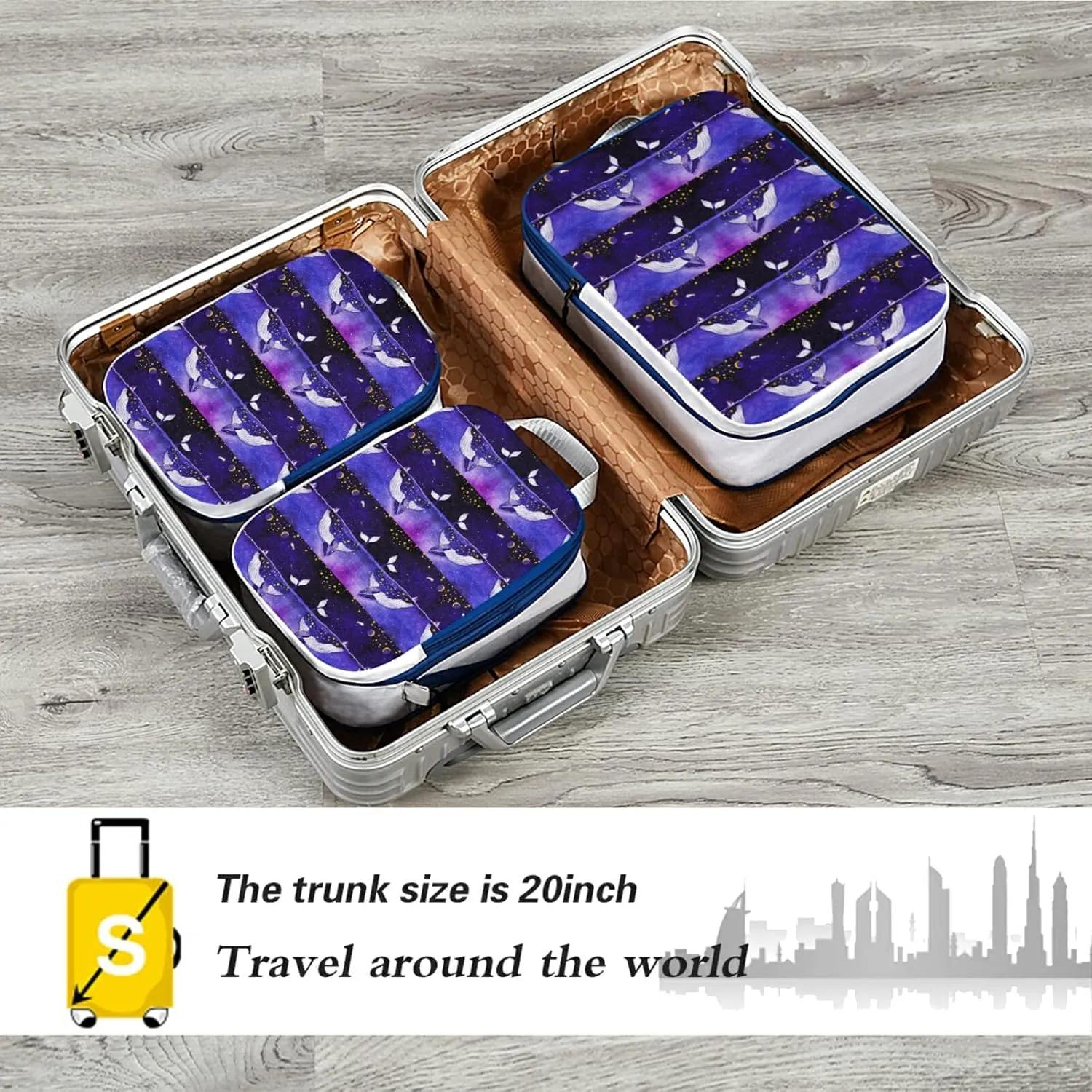 Magic Whale in the Dark Ocean Night Starry Sky Moon Purple Style 3 Piece set Cubes Expandable Adjustable Luggage Packing Bags, Ultralight Organizer Accessories Travel Suitcase Compressible Bags