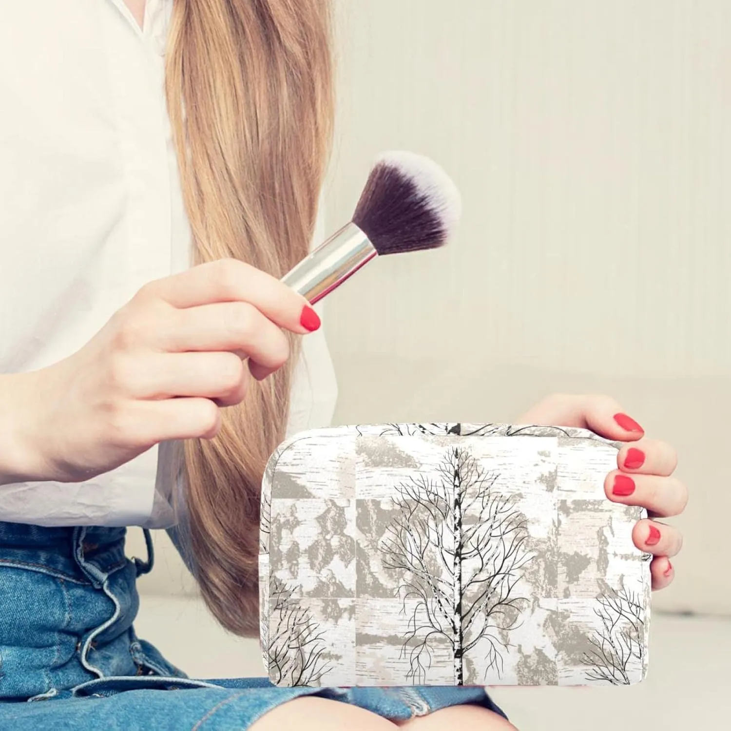 Makeup Organizer Bag, Birch Trees on Birch Bark Background Pencil Case Cosmetic Storage Bag Portable Toiletry Pouch for Women, Men, Traveling, School