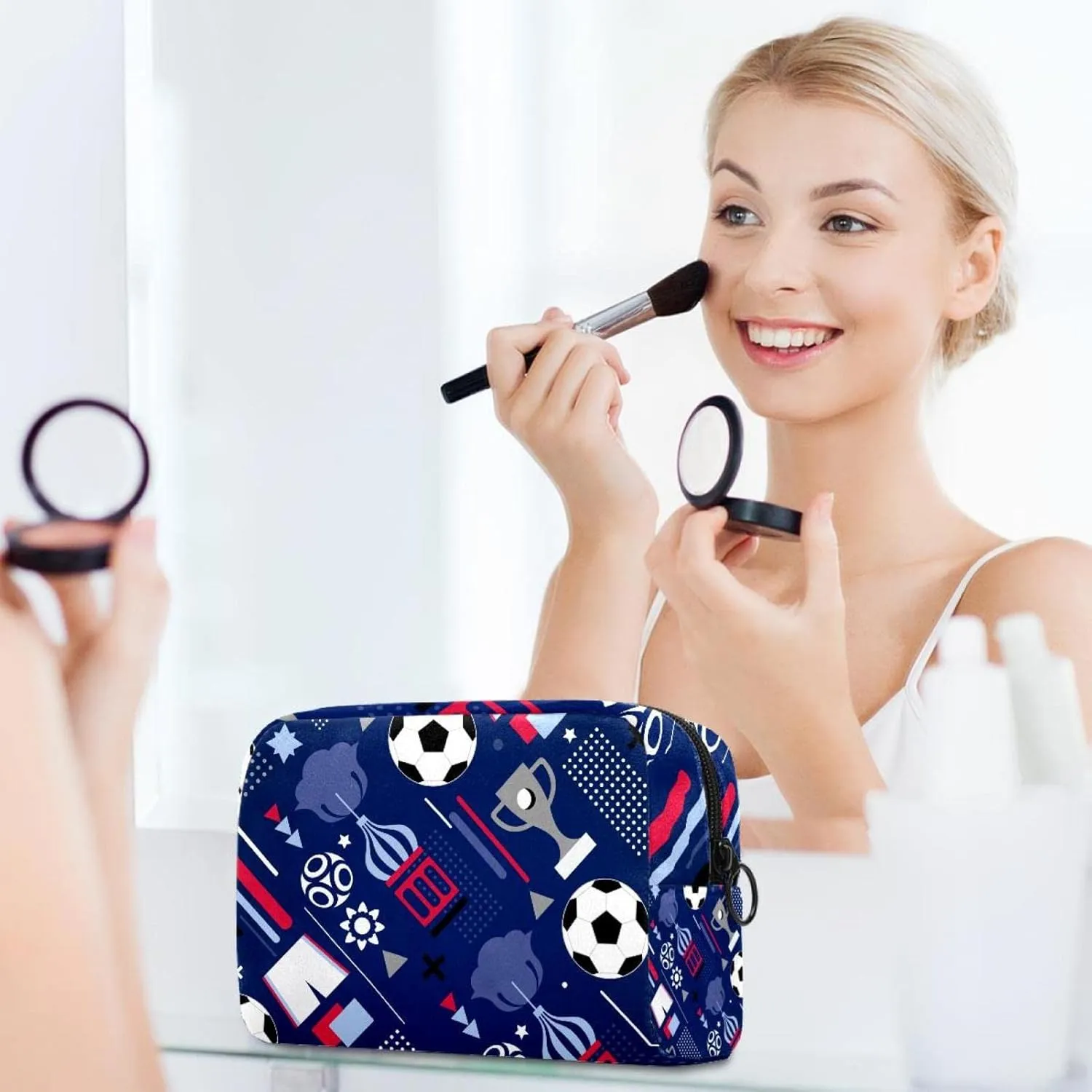 Makeup Organizer Bag, Soccer World Cup Pattern Pencil Case Cosmetic Storage Bag Portable Toiletry Pouch for Women, Men, Traveling, School