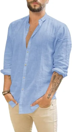 Makkrom Men Linen Shirt Button Down Long Sleeve Cotton Beach Band Collar Casual Summer Shirts