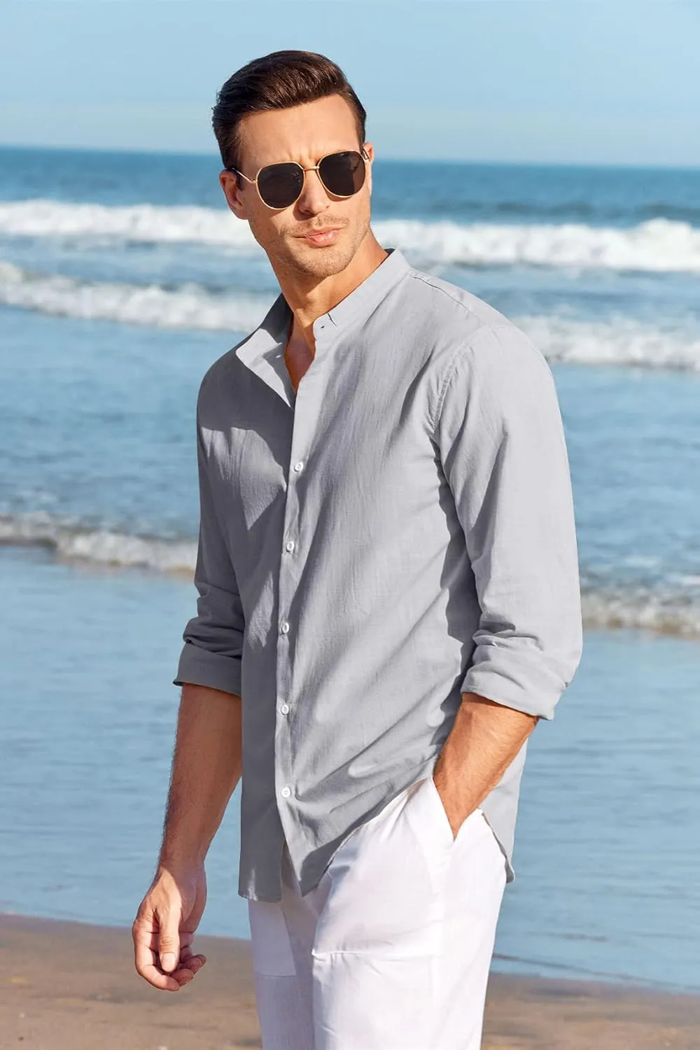 Makkrom Men Linen Shirt Button Down Long Sleeve Cotton Beach Band Collar Casual Summer Shirts