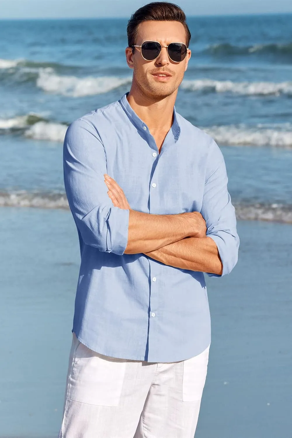 Makkrom Men Linen Shirt Button Down Long Sleeve Cotton Beach Band Collar Casual Summer Shirts