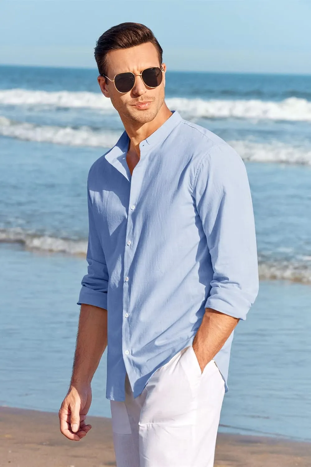 Makkrom Men Linen Shirt Button Down Long Sleeve Cotton Beach Band Collar Casual Summer Shirts