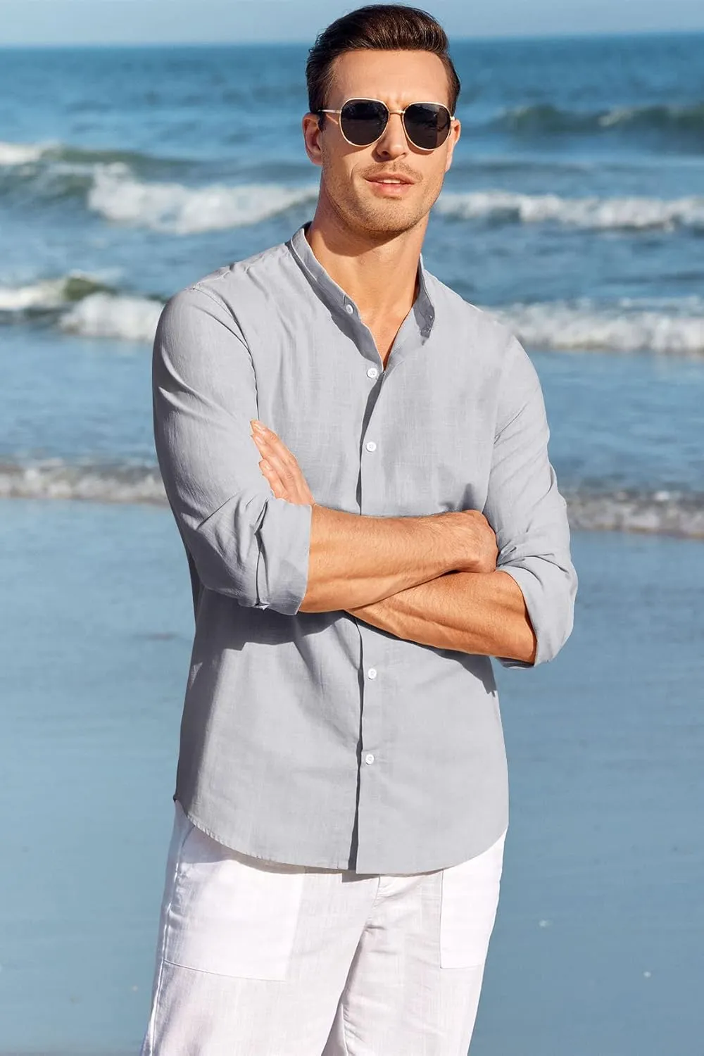Makkrom Men Linen Shirt Button Down Long Sleeve Cotton Beach Band Collar Casual Summer Shirts