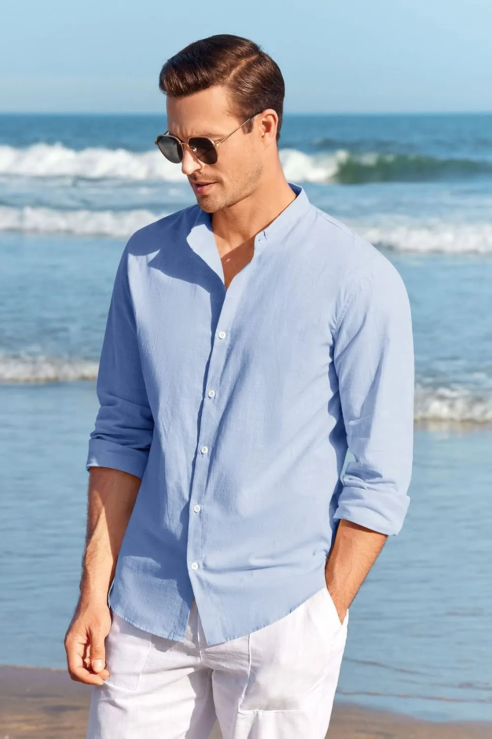 Makkrom Men Linen Shirt Button Down Long Sleeve Cotton Beach Band Collar Casual Summer Shirts
