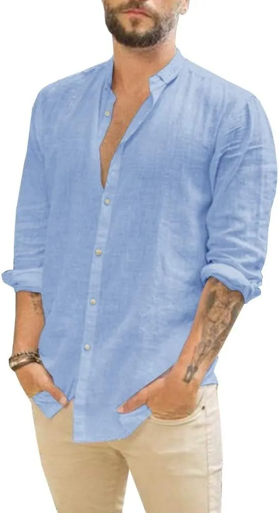 Makkrom Men Linen Shirt Button Down Long Sleeve Cotton Beach Band Collar Casual Summer Shirts