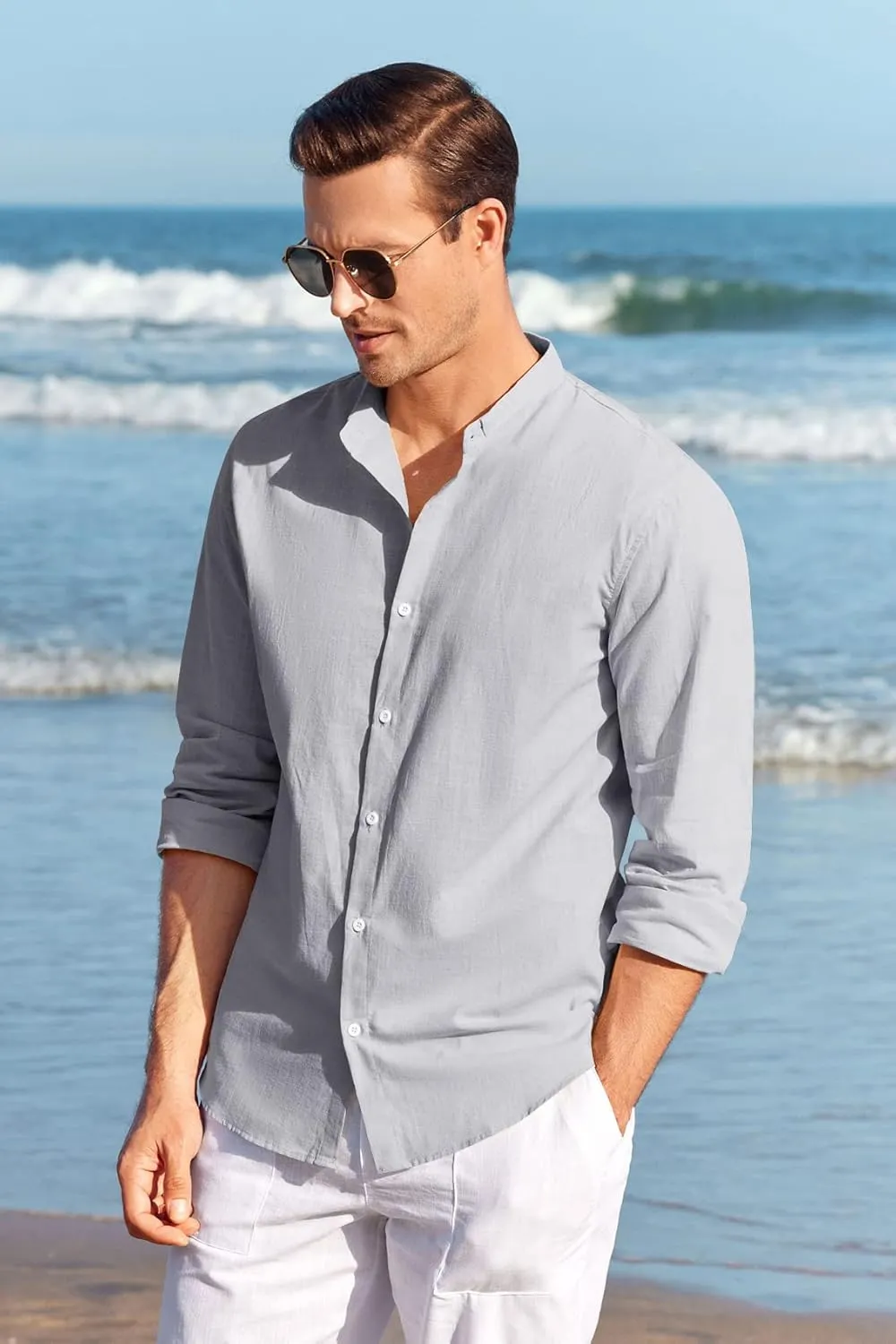 Makkrom Men Linen Shirt Button Down Long Sleeve Cotton Beach Band Collar Casual Summer Shirts