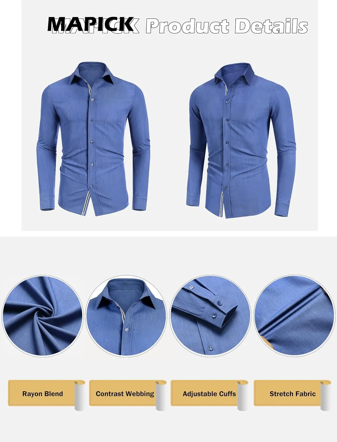 MAPICK Mens Casual Button Down Denim Shirts Long Sleeve Untucked Stretch Wrinkle-Free Dress Shirt