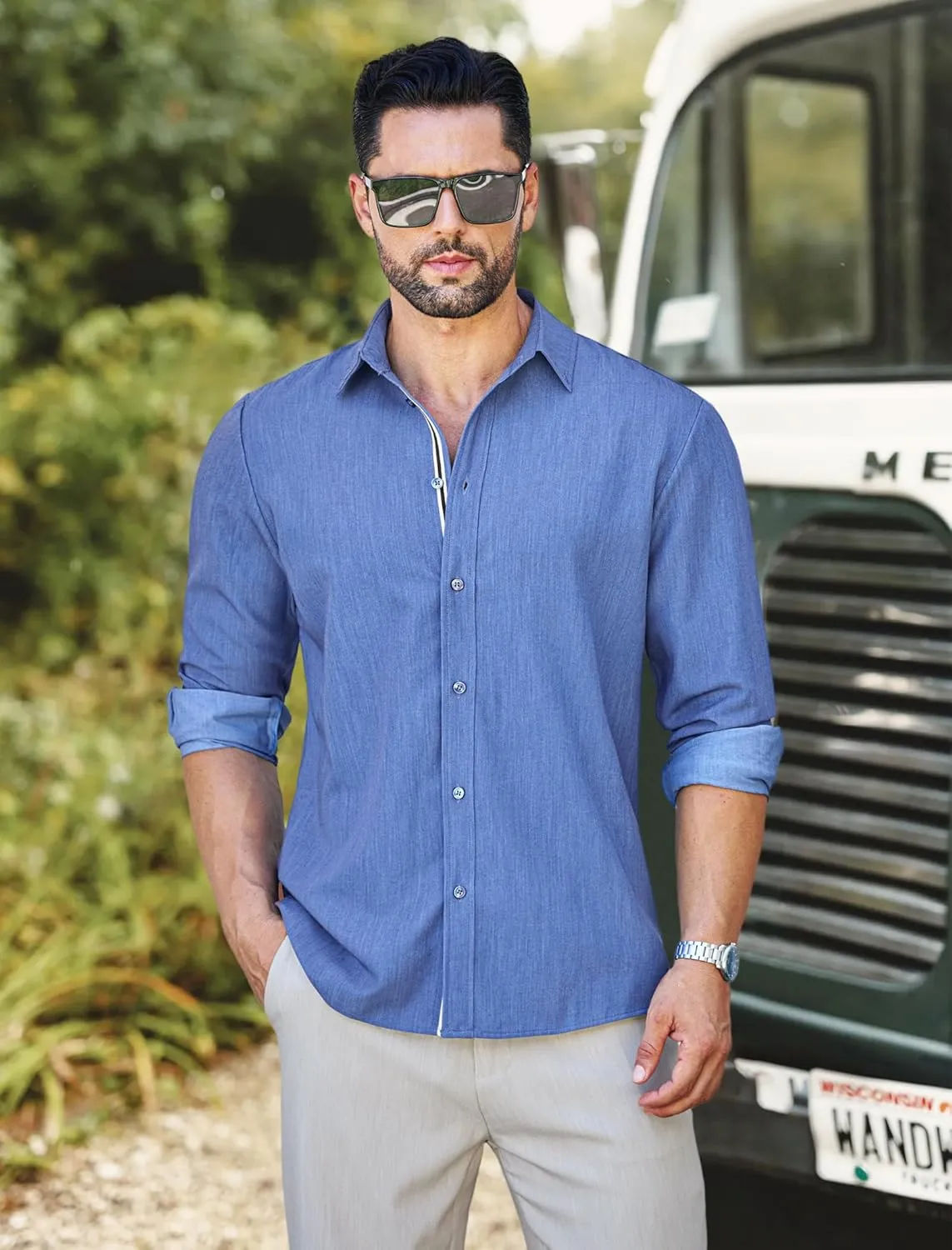 MAPICK Mens Casual Button Down Denim Shirts Long Sleeve Untucked Stretch Wrinkle-Free Dress Shirt