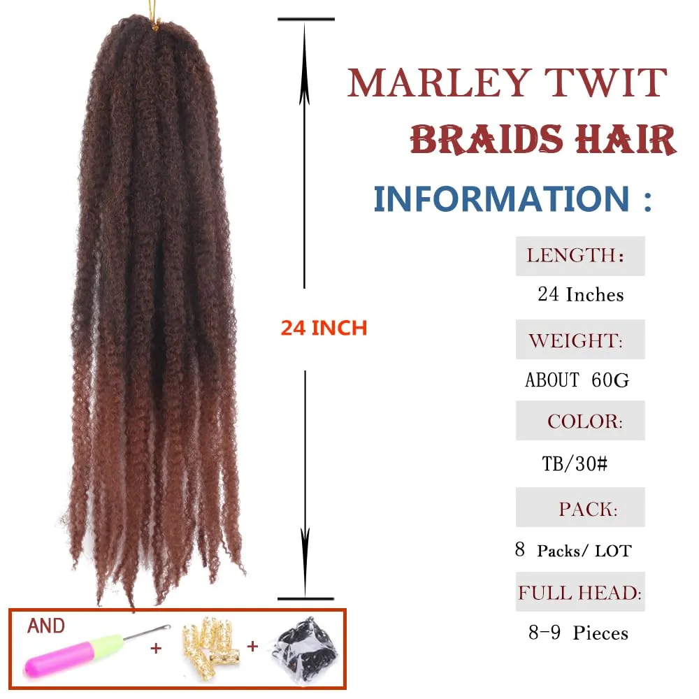 Marley Crochet Braids Hair 24 Inch 8 Packs Afro Kinky Marley Twist Braiding Hair Synthetic Curly Twist Marley Hair Long Springy Afro Twist Hair Extensions (TB/30#, 24 Inch (Pack of 8))