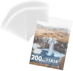 Mat Board Center, (200 Pack) 11 3/8" x 14 1/8" Crystal Clear Resealable Plastic Sleeves, Self Sealing Polypropylene Bags for 11x14 Prints, Photos, Documents