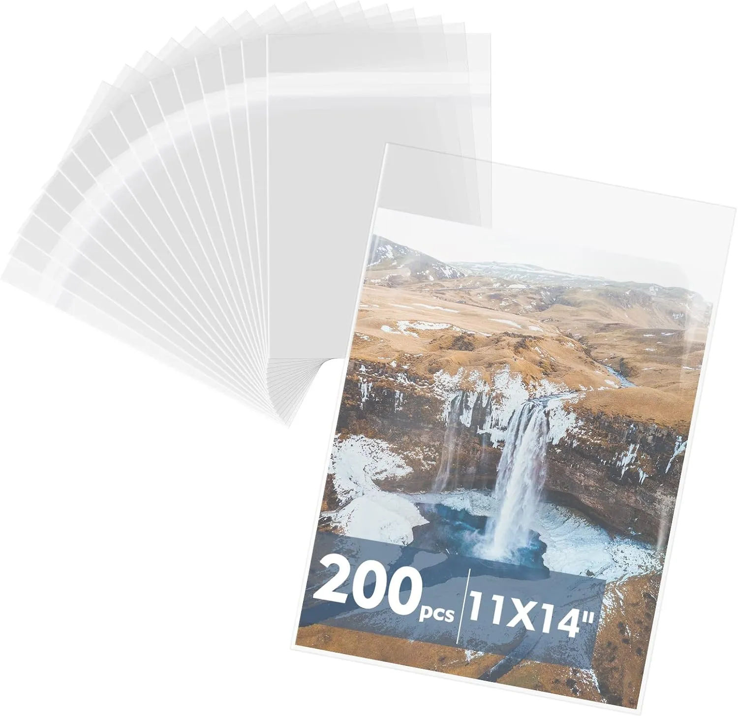 Mat Board Center, (200 Pack) 11 3/8" x 14 1/8" Crystal Clear Resealable Plastic Sleeves, Self Sealing Polypropylene Bags for 11x14 Prints, Photos, Documents