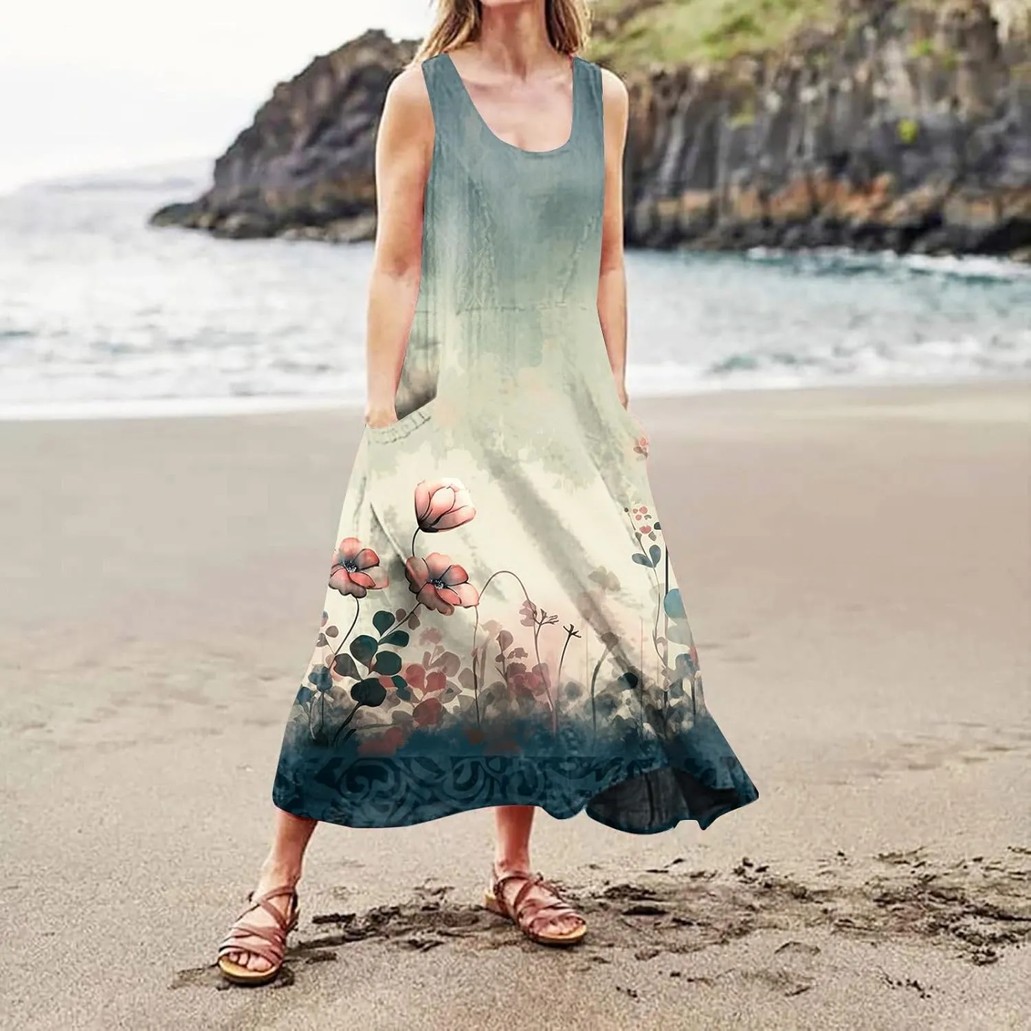 Maxi Linen Dresses for Women Summer Sleeveless U Neck Dresses Beach Boho A Line Tank Long Dresses with Pockets