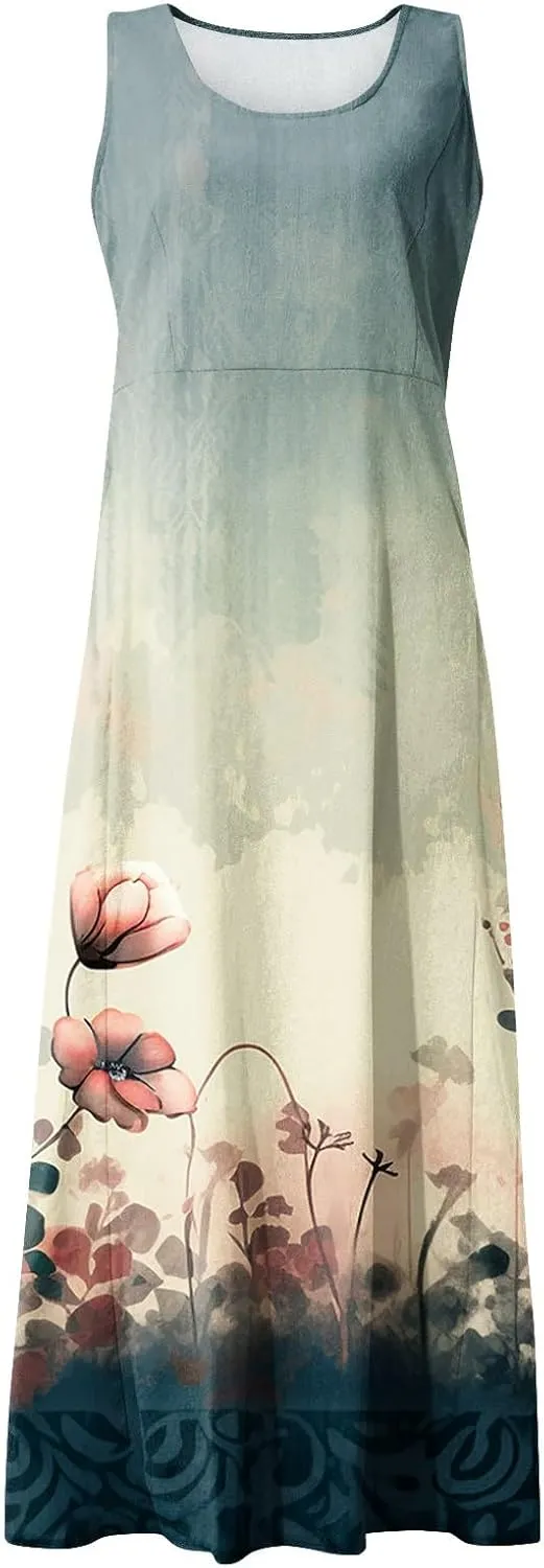 Maxi Linen Dresses for Women Summer Sleeveless U Neck Dresses Beach Boho A Line Tank Long Dresses with Pockets