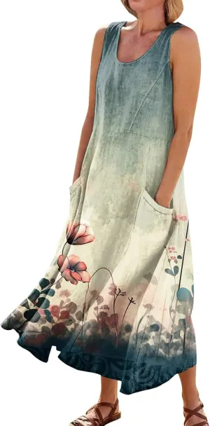 Maxi Linen Dresses for Women Summer Sleeveless U Neck Dresses Beach Boho A Line Tank Long Dresses with Pockets