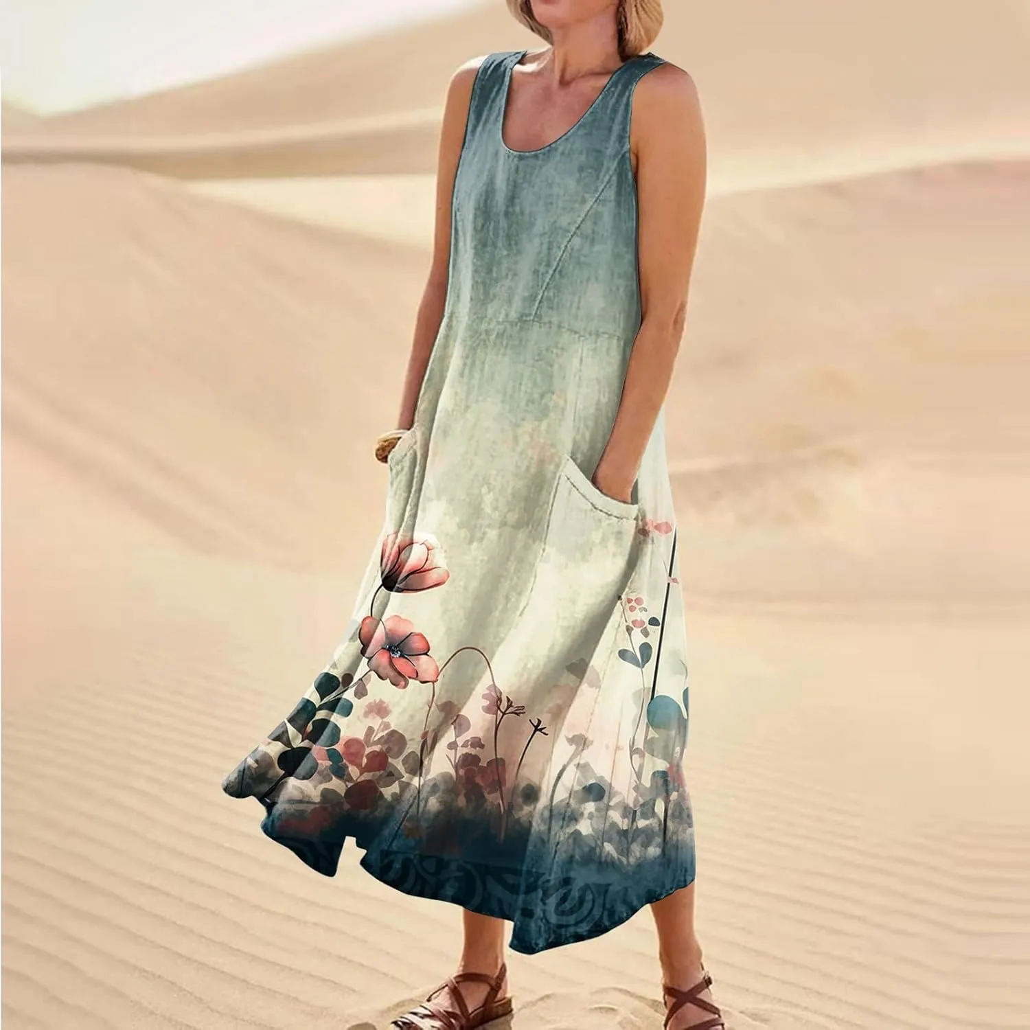 Maxi Linen Dresses for Women Summer Sleeveless U Neck Dresses Beach Boho A Line Tank Long Dresses with Pockets