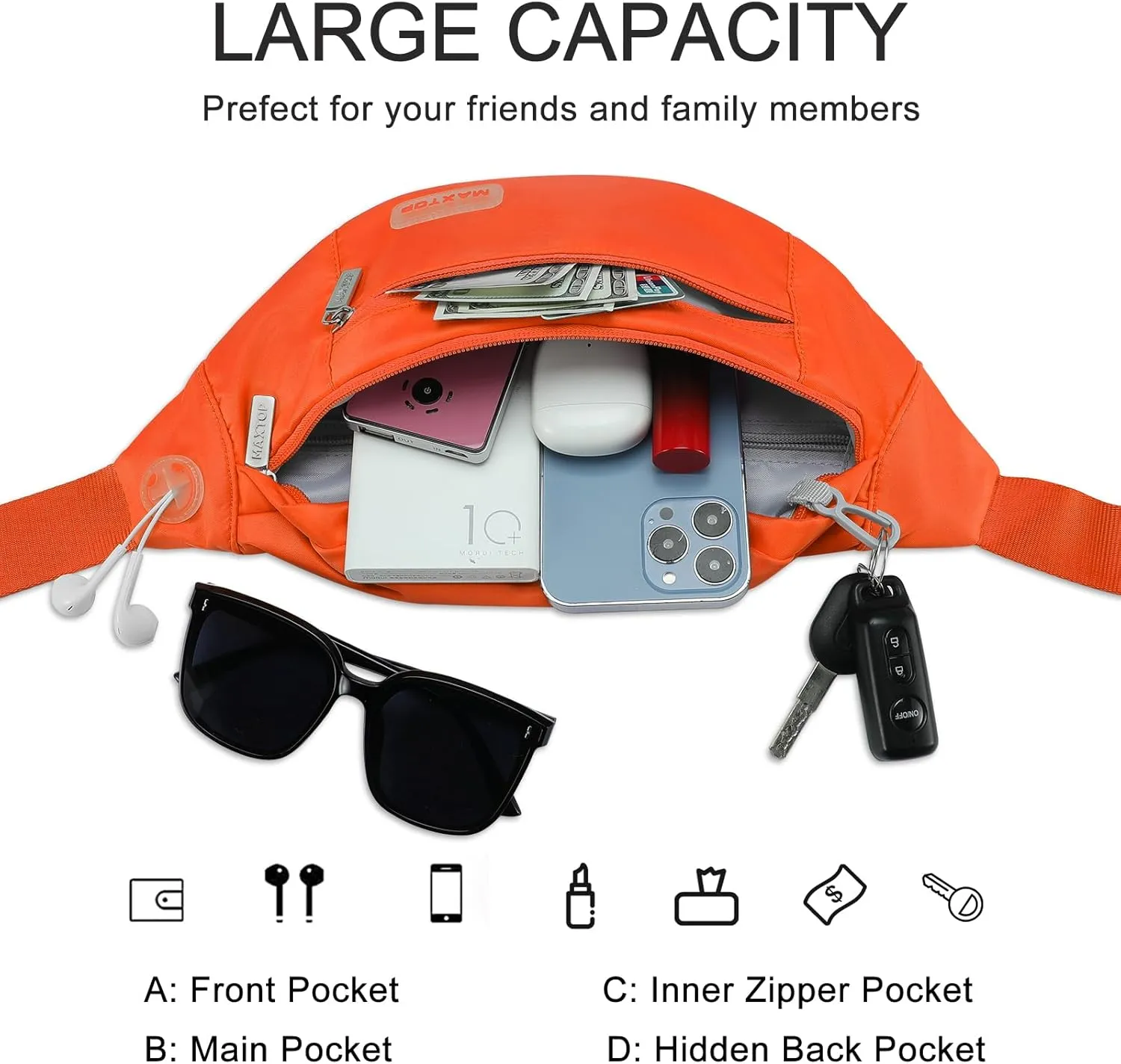 MAXTOP Large Crossbody Fanny Pack with 4-Zipper Pockets,Gifts for Enjoy Sports Festival Workout Traveling Running Casual Hands-Free Wallets Waist Pack Phone Bag Carrying All Phones