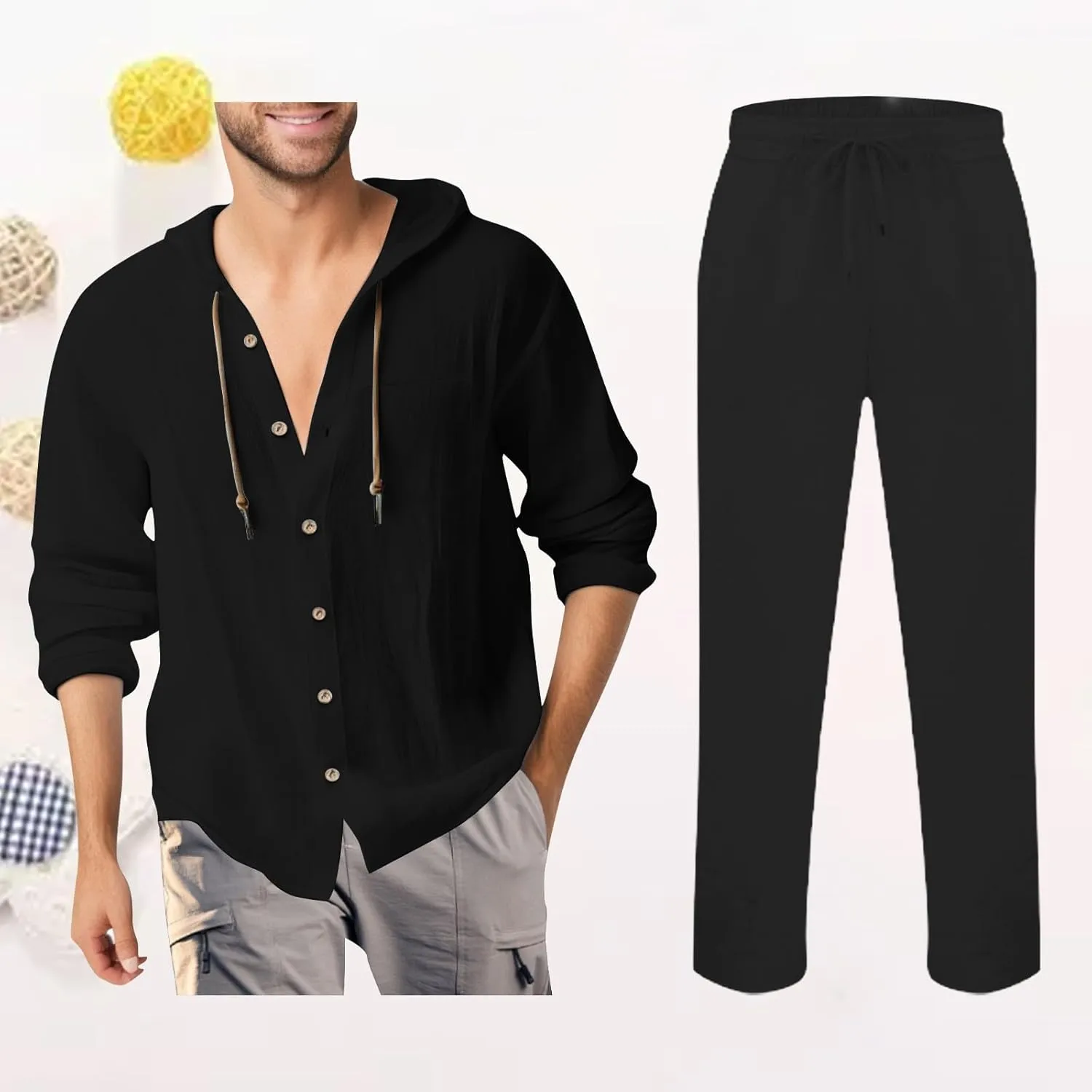 Men Casual Set Cotton Linen Button Down Long Sleeve Hooded Shirt Jogging Pants Spring Summer Loose Breathable Outfits