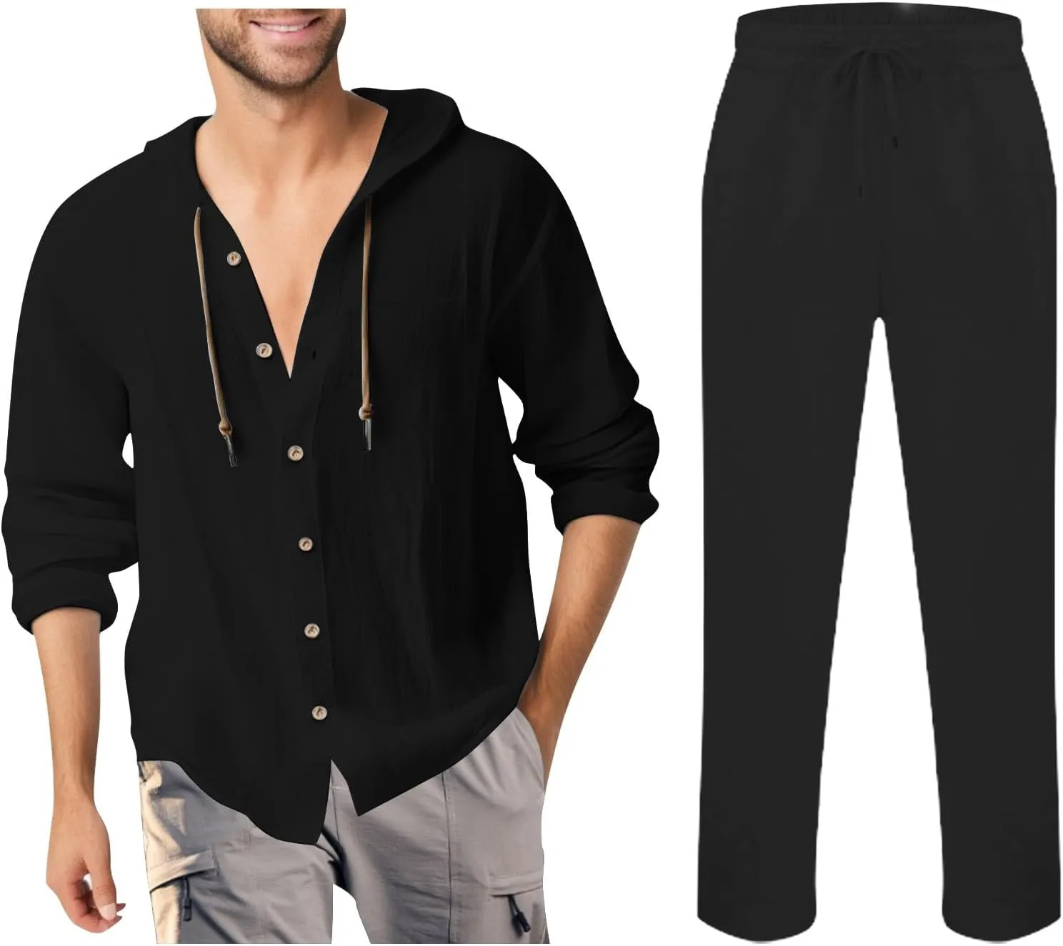 Men Casual Set Cotton Linen Button Down Long Sleeve Hooded Shirt Jogging Pants Spring Summer Loose Breathable Outfits