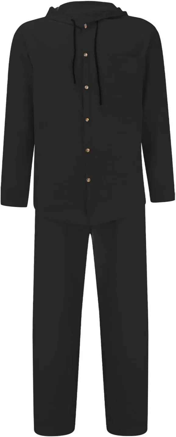 Men Casual Set Cotton Linen Button Down Long Sleeve Hooded Shirt Jogging Pants Spring Summer Loose Breathable Outfits