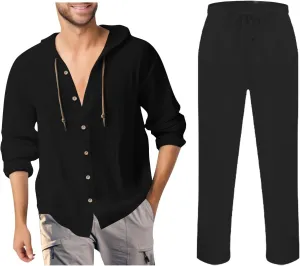 Men Casual Set Cotton Linen Button Down Long Sleeve Hooded Shirt Jogging Pants Spring Summer Loose Breathable Outfits