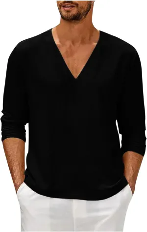 Men Linen Shirts Long Sleeve V Neck Cotton Comfy Spring Tees Shirt Solid Color Loose Fashion Sport 2025 Blouses Tops