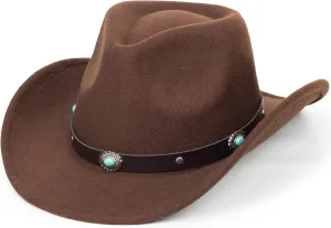 Men Women Retro-Black Western-Cowboy-Hat Bling-Rhinestone-Decor with Eyelets Felt-Cowgirl-Hats Glitter-Rodeo Fedora Hat