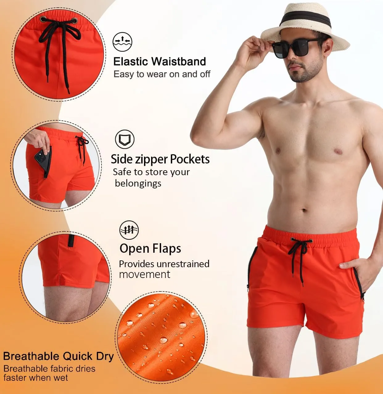 Mens 5" with Zipper Quick Dry Beach Shorts for Swimming Men Bathing Suit