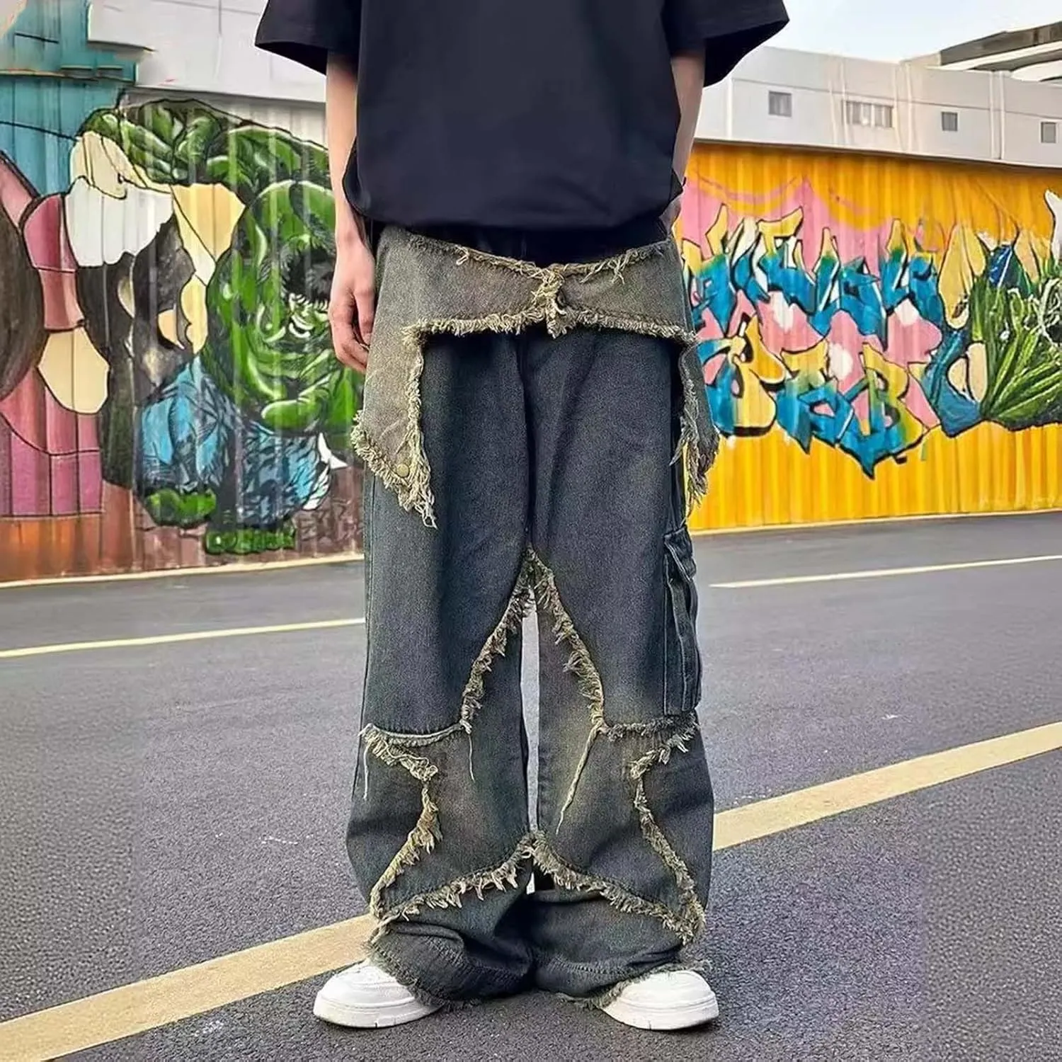 Men's Baggy Jeans Y2k Boyfriend Ripped Jeans Wide Leg Hip Hop Denim Pants Grunge Summer Baggy Cargo Pants